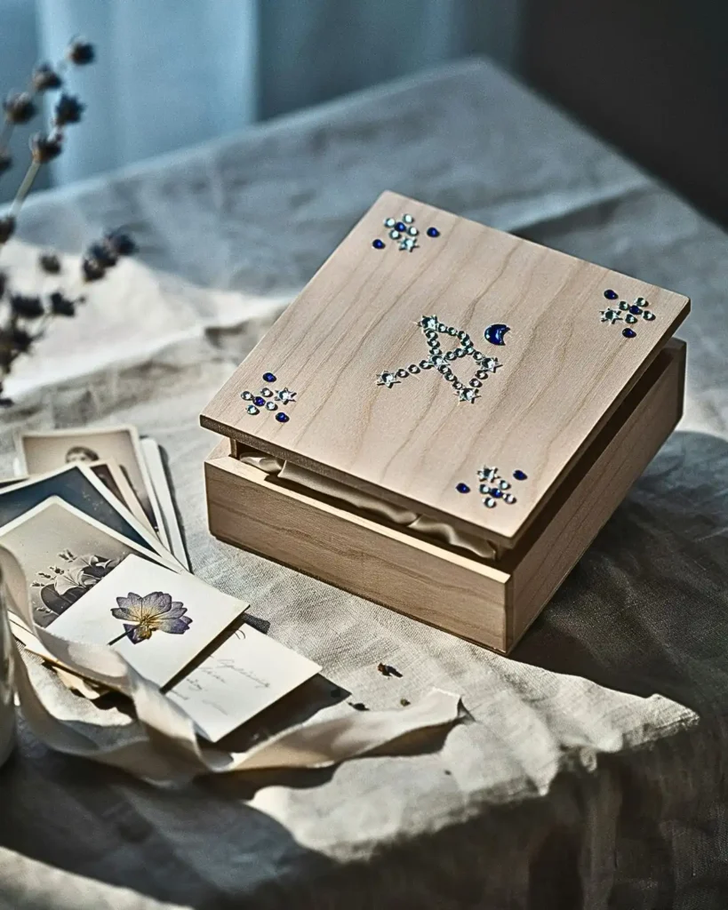 Wooden memory box decorated with a blue and silver rhinestone constellation.