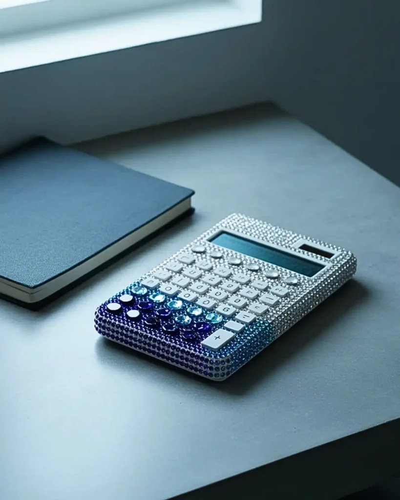  Calculator decorated with a navy-to-icy-blue crystal gradient that fades toward clear rhinestones.