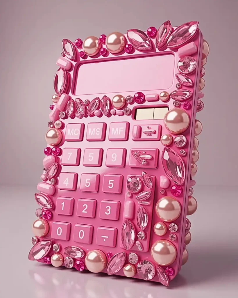 Monochrome pink calculator decorated with mixed pink rhinestones, pearls, and transparent gems