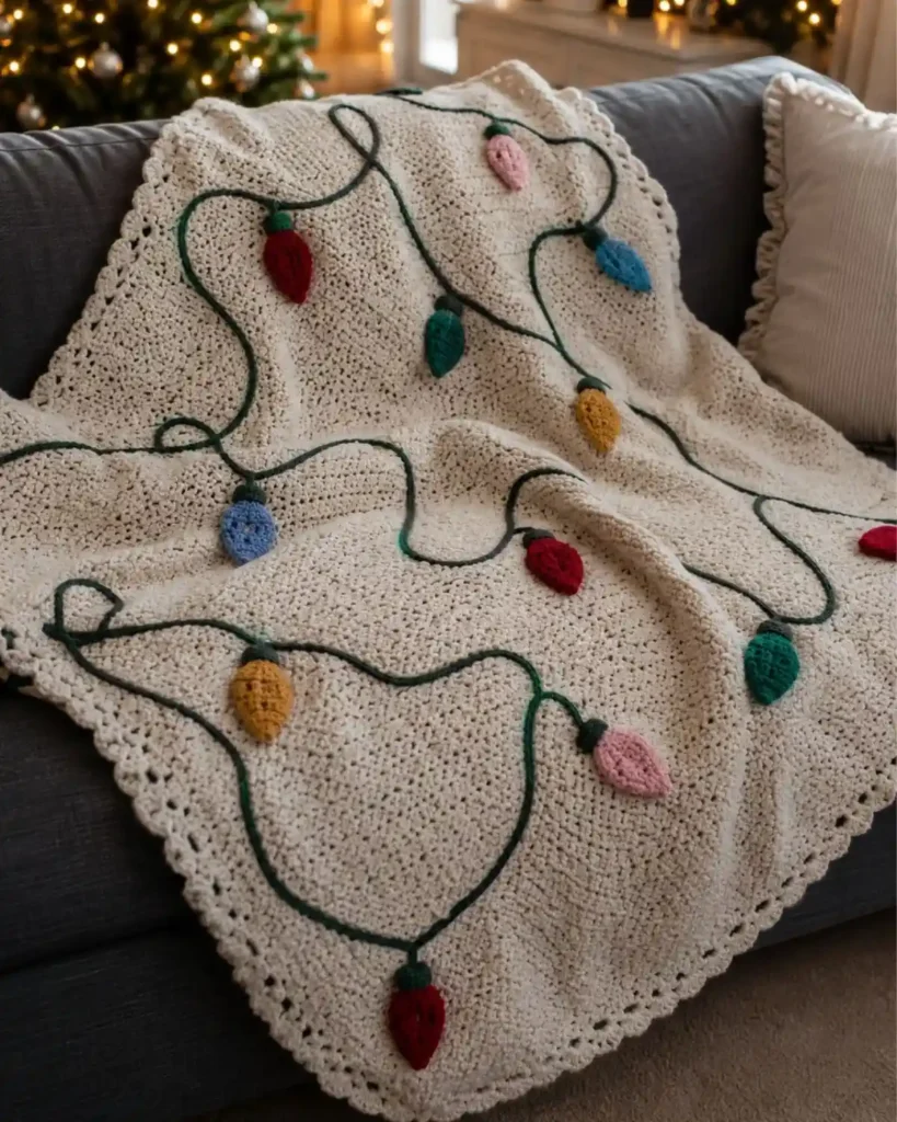 Christmas character crochet blanket with Santa, snowman, reindeer and elf