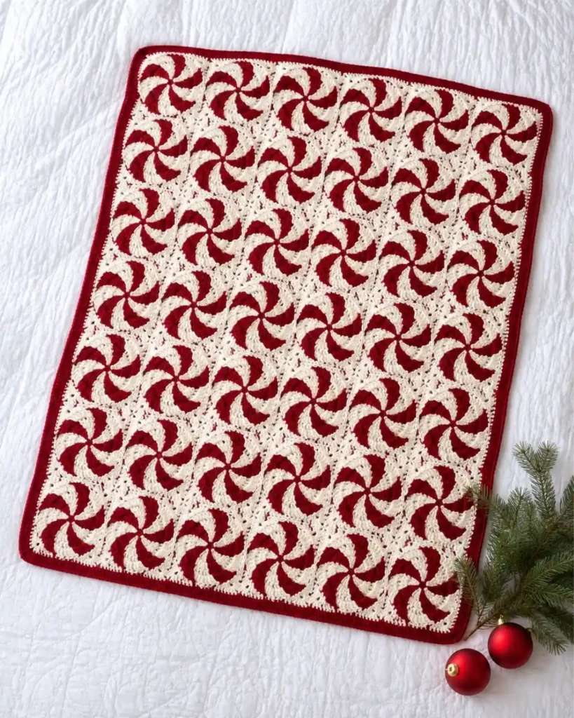 Red and white peppermint swirl Christmas crochet blanket