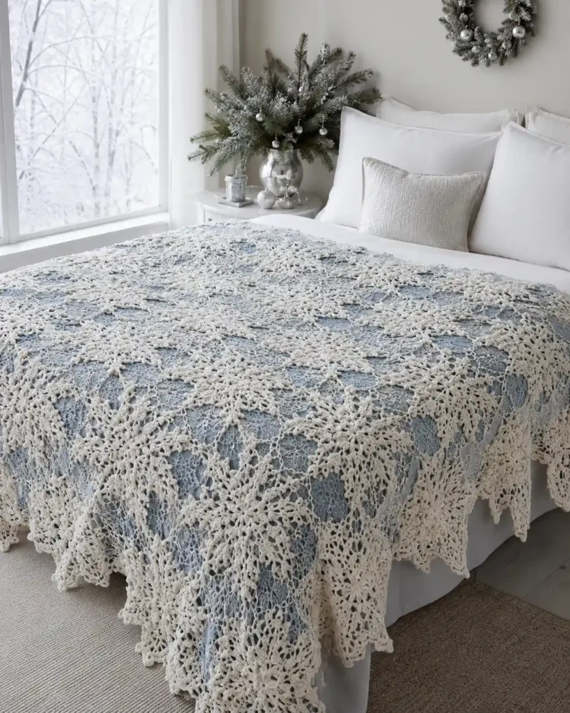 Dusty blue Christmas crochet blanket with white snowflake motifs