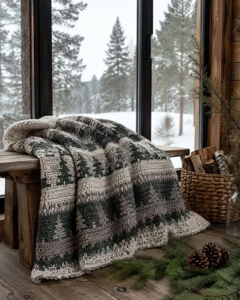 Woodland Christmas crochet blanket in evergreen, cream, gray and taupe