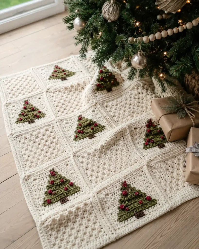 Christmas tree granny square crochet blanket in cream and olive green