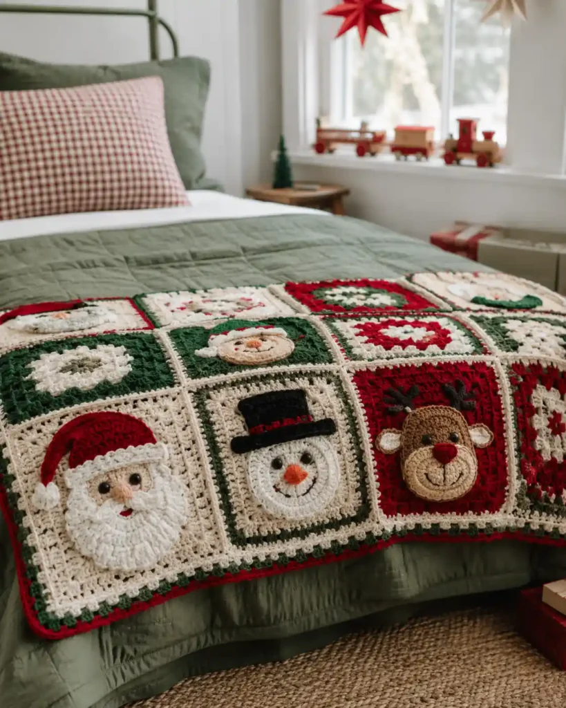 Christmas character crochet blanket with Santa, snowman, reindeer and elf