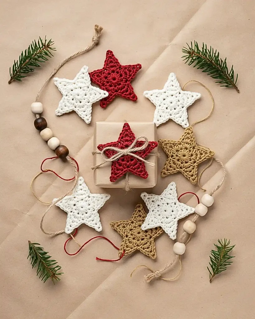 Handmade crochet star ornaments in ivory, red and gold used as Christmas tree decorations and gift toppers.