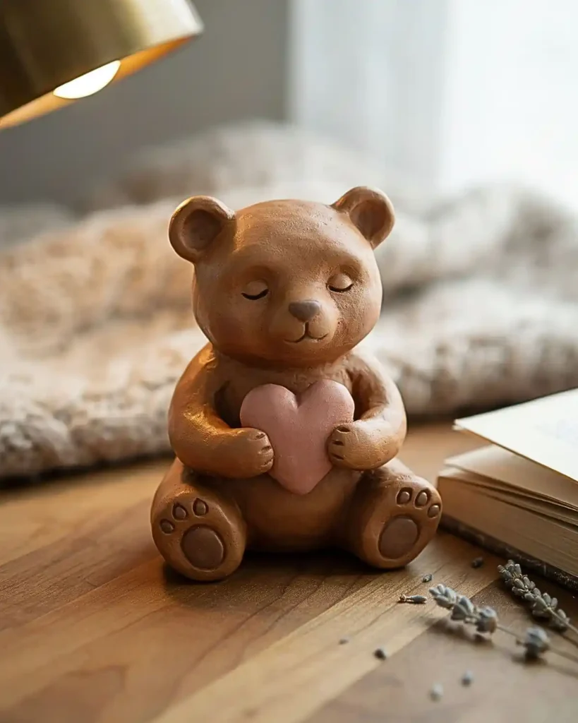 Small caramel clay bear with closed sleepy eyes holding a tiny pink heart.