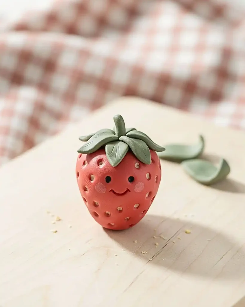 Cute red clay strawberry character with tiny seeds, green leaves, dot eyes, and a happy face.