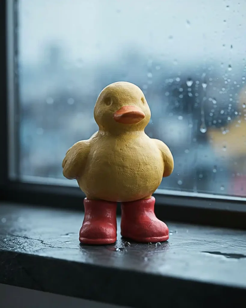 Yellow clay duck wearing oversized red rain boots beside a softly blurred rainy window.