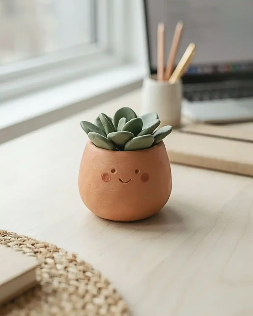 Tiny terracotta clay plant pot character with a smiling face and green succulent leaves.