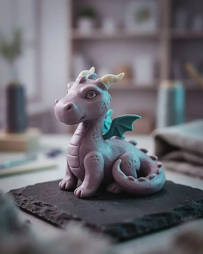 Pastel purple miniature clay dragon with tiny wings, curved tail, horns, and rounded back details.