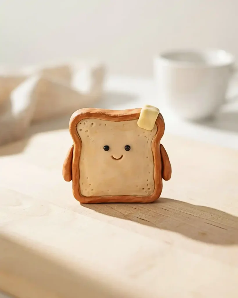 Cute miniature clay toast character with a raised brown crust, butter pat, tiny arms, and smiling face.