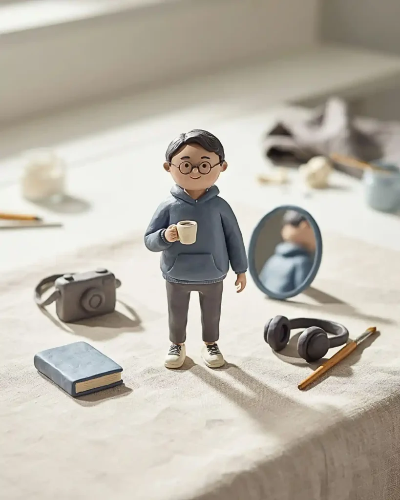 Personalized miniature clay person with glasses, hoodie, tiny coffee cup, and craft accessories.