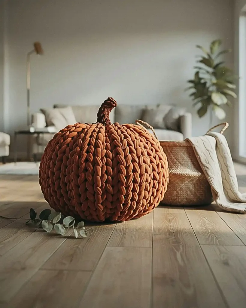 Chunky crochet pumpkin made with thick yarn for cozy fall decor
