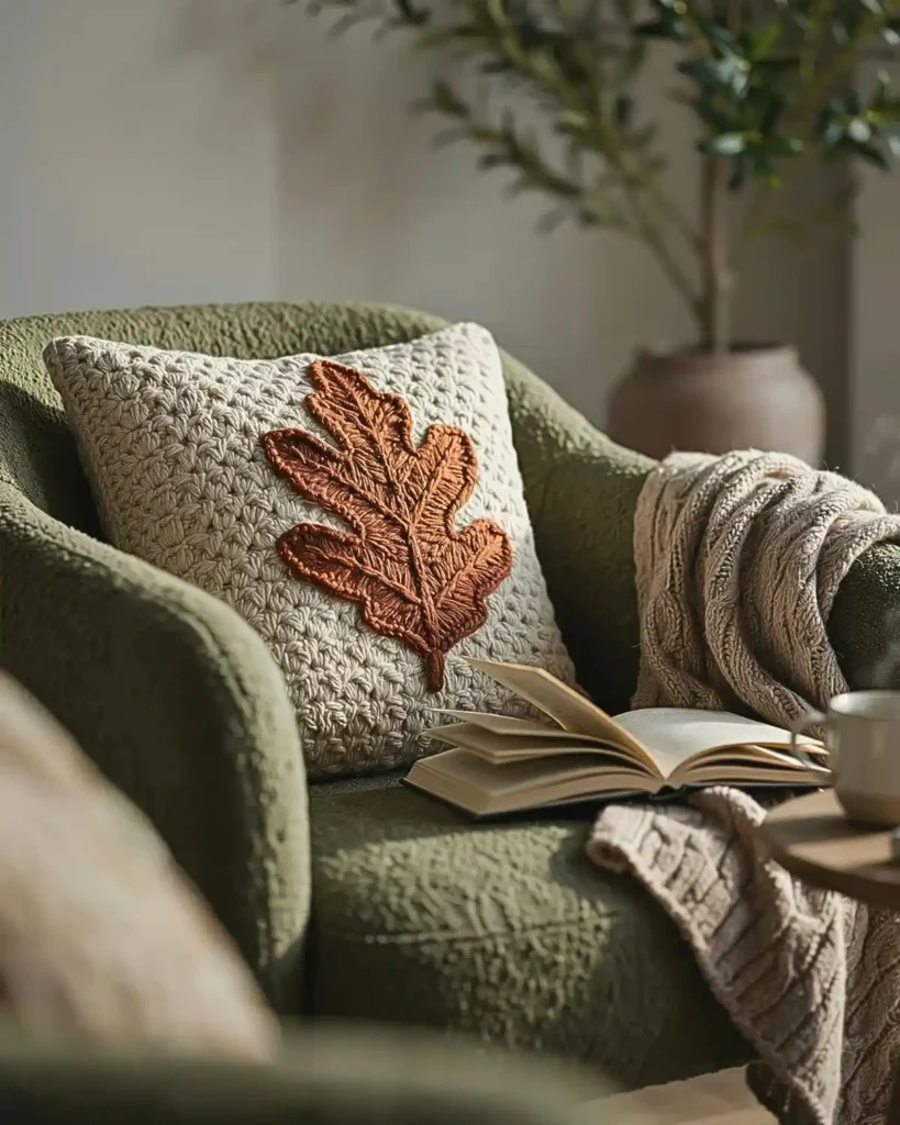 Cream crochet pillow with a rust fall leaf motif