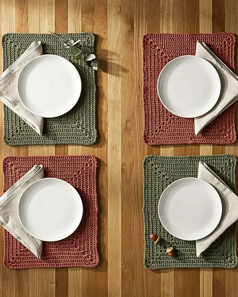 Crochet fall placemats in rust and moss green