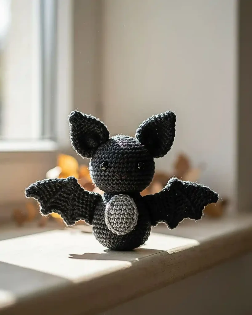 Classic amigurumi crochet bat with black yarn body and open scalloped wings.