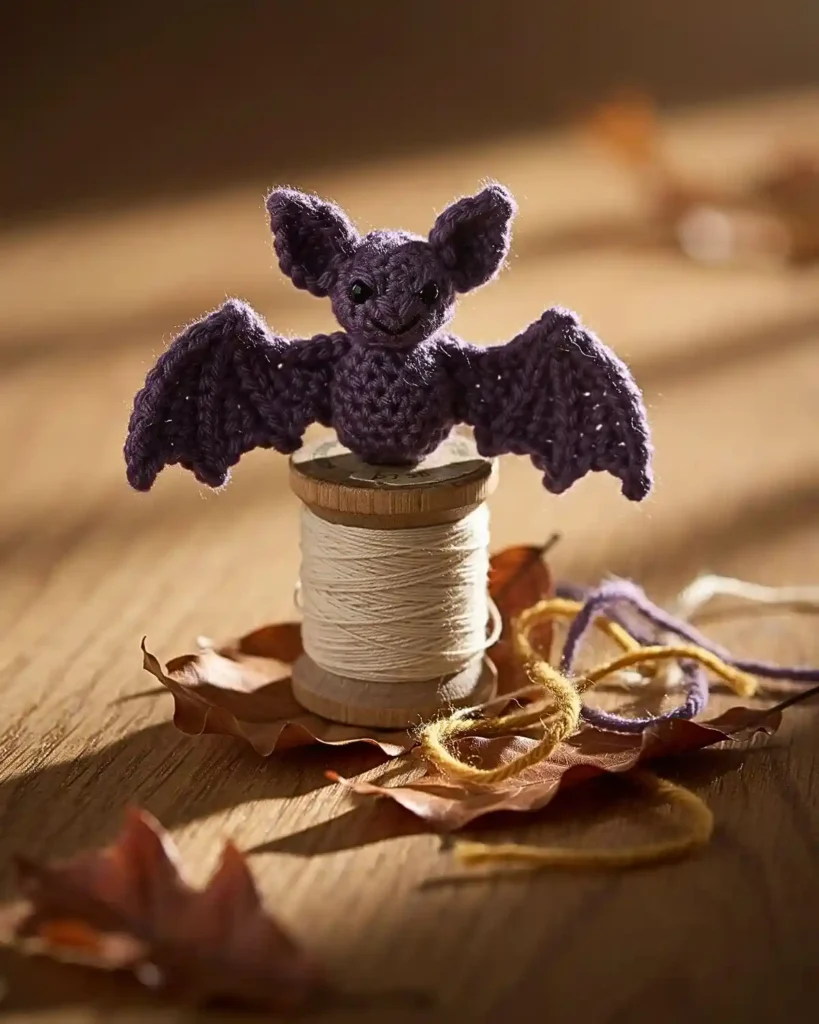 Mini purple crochet bat perched on a wooden spool with tiny handmade wings.