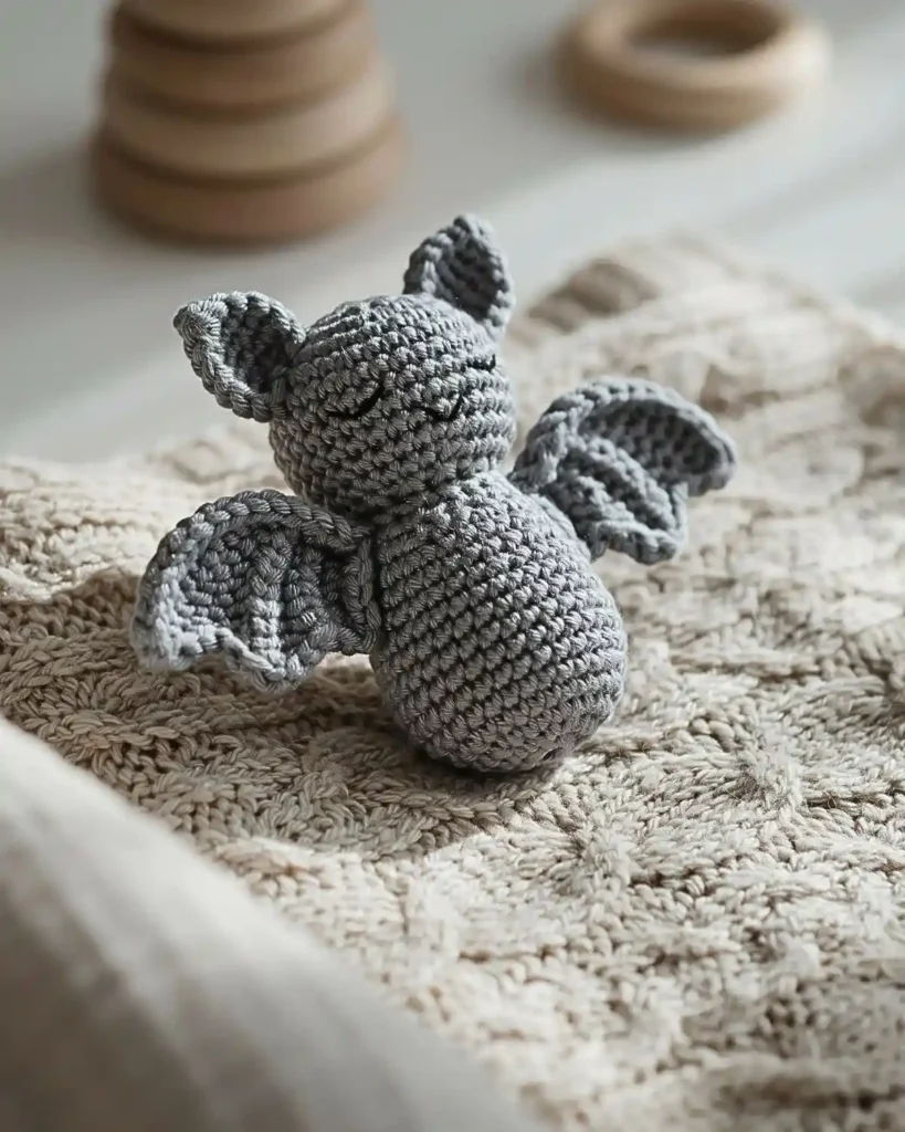 Simple crochet bat rattle-style design with embroidered eyes and soft wings.