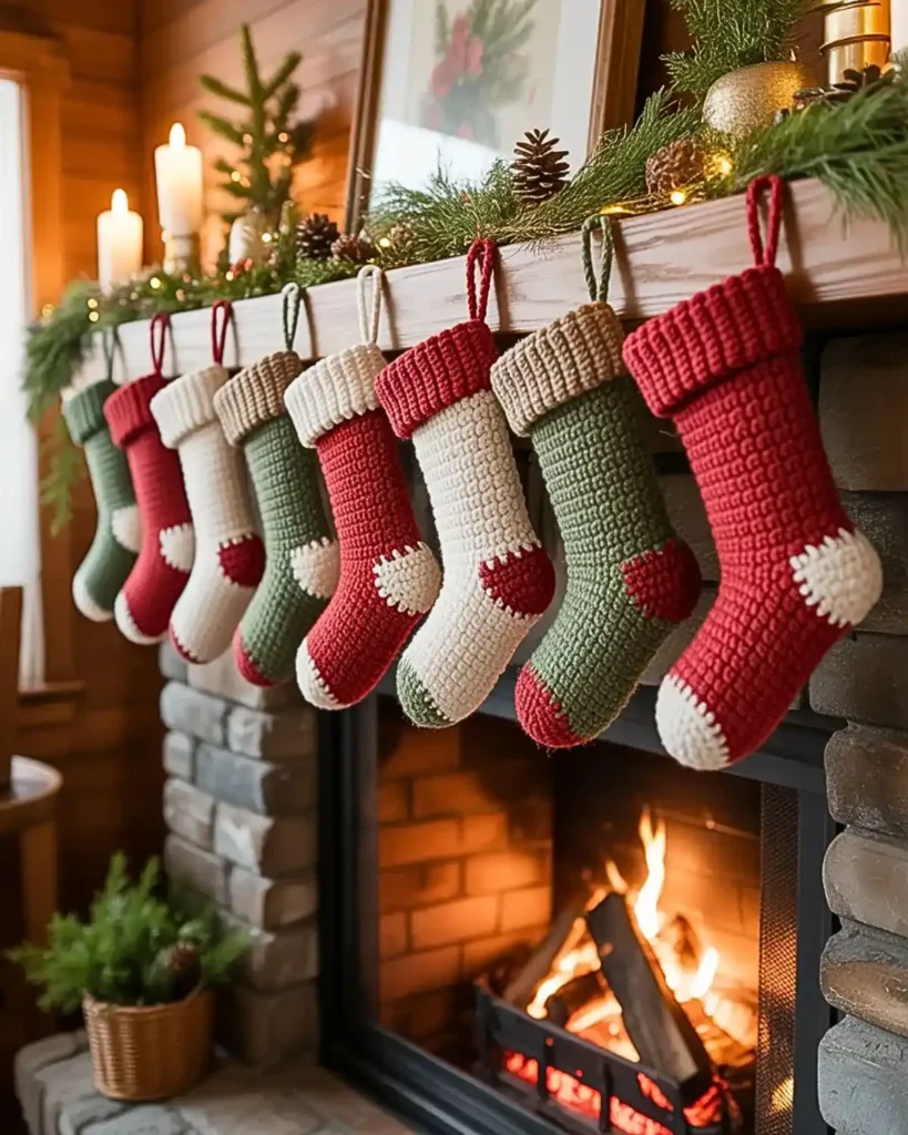 Mini crochet stocking Christmas garland hanging above a cozy fireplace