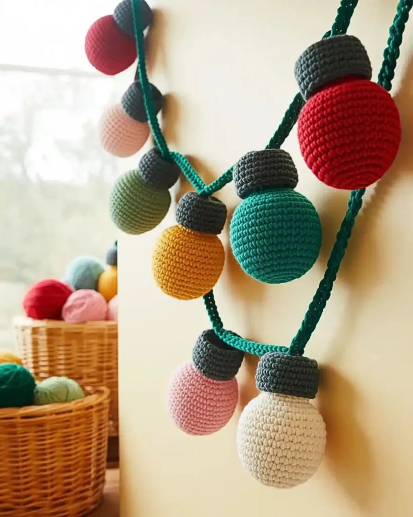 Colorful crochet Christmas light bulb garland decorating a cheerful craft room