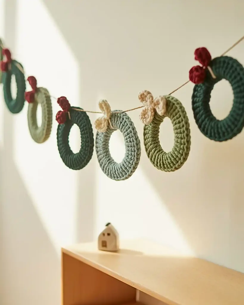 Mini crochet Christmas wreath garland with green rings red berries and bows