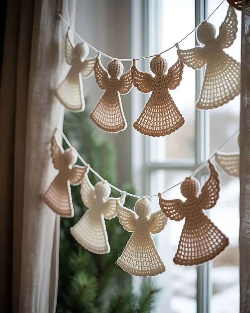 White and cream crochet angel Christmas garland hanging near a winter window