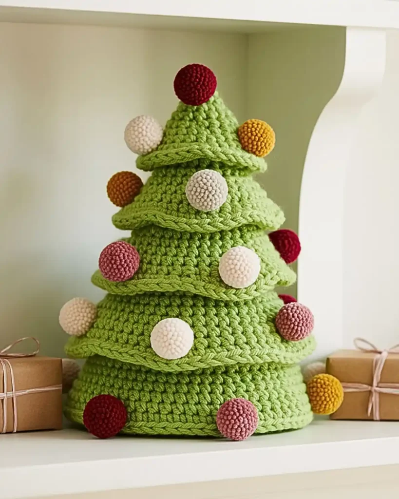 Elegant dark-green crochet Christmas tree decorated with a small number of gold and pearl-like beads.