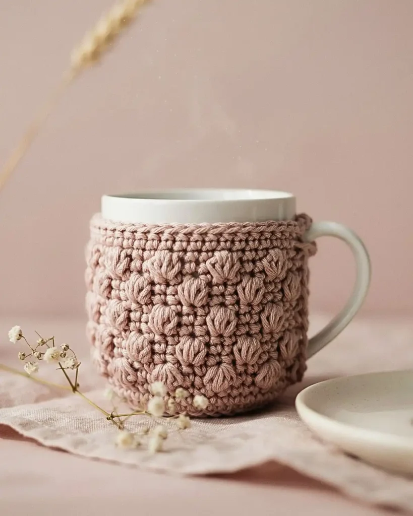  Dusty rose bobble crochet cup cozy with raised heart texture on a white mug