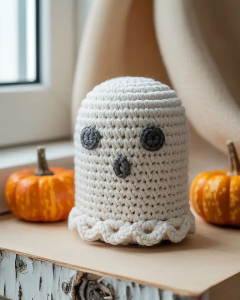 Classic mini white crochet ghost with embroidered eyes and a scalloped base.