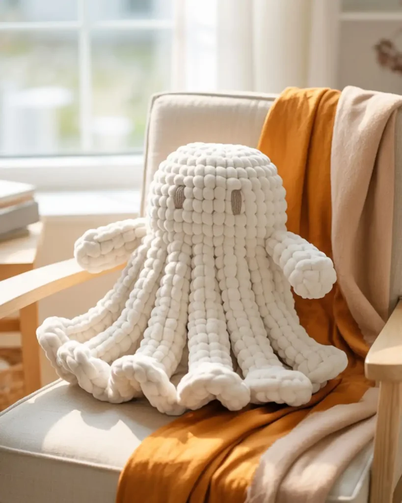 Chunky white chenille crochet ghost sitting on a beige reading chair.