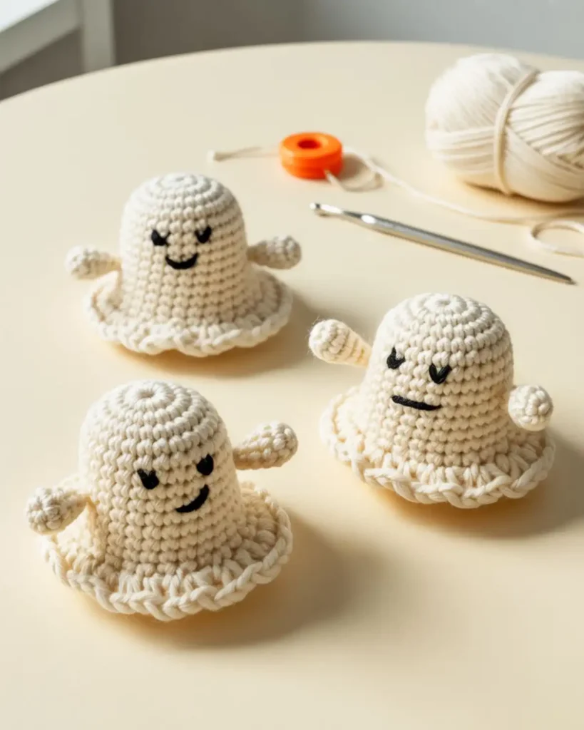 Three no-sew mini crochet ghosts with chain arms and embroidered faces.