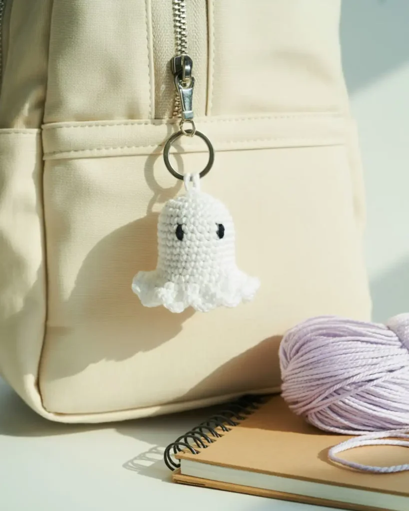 Tiny cotton crochet ghost keychain attached to a cream canvas backpack.