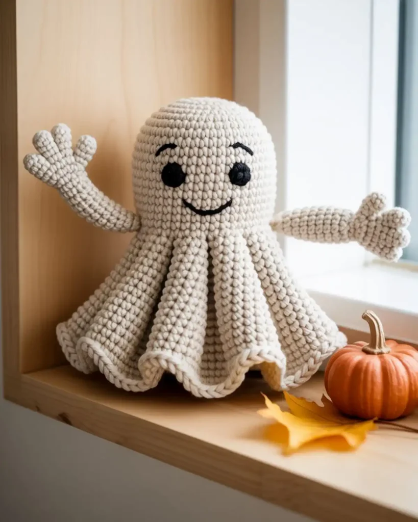 Friendly white crochet ghost with one raised waving arm.