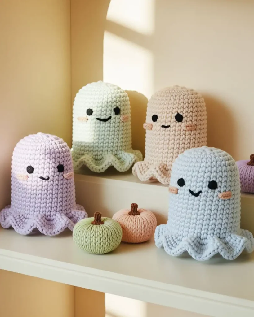 Lavender, mint, pink and blue crochet ghosts with embroidered blush cheeks.