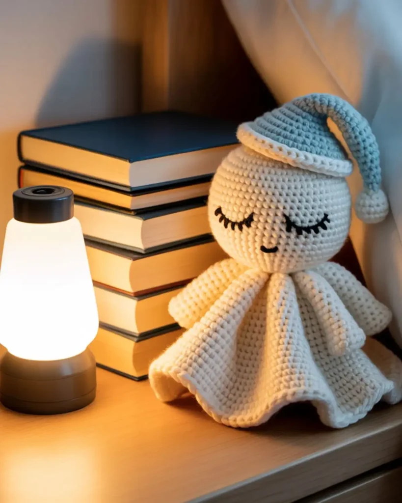 Sleepy cream crochet ghost with closed embroidered eyes and a blue nightcap.