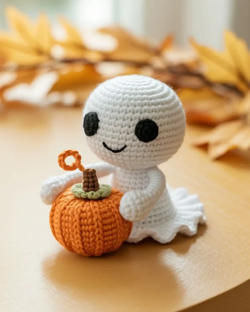 White crochet ghost holding a small orange crochet pumpkin.