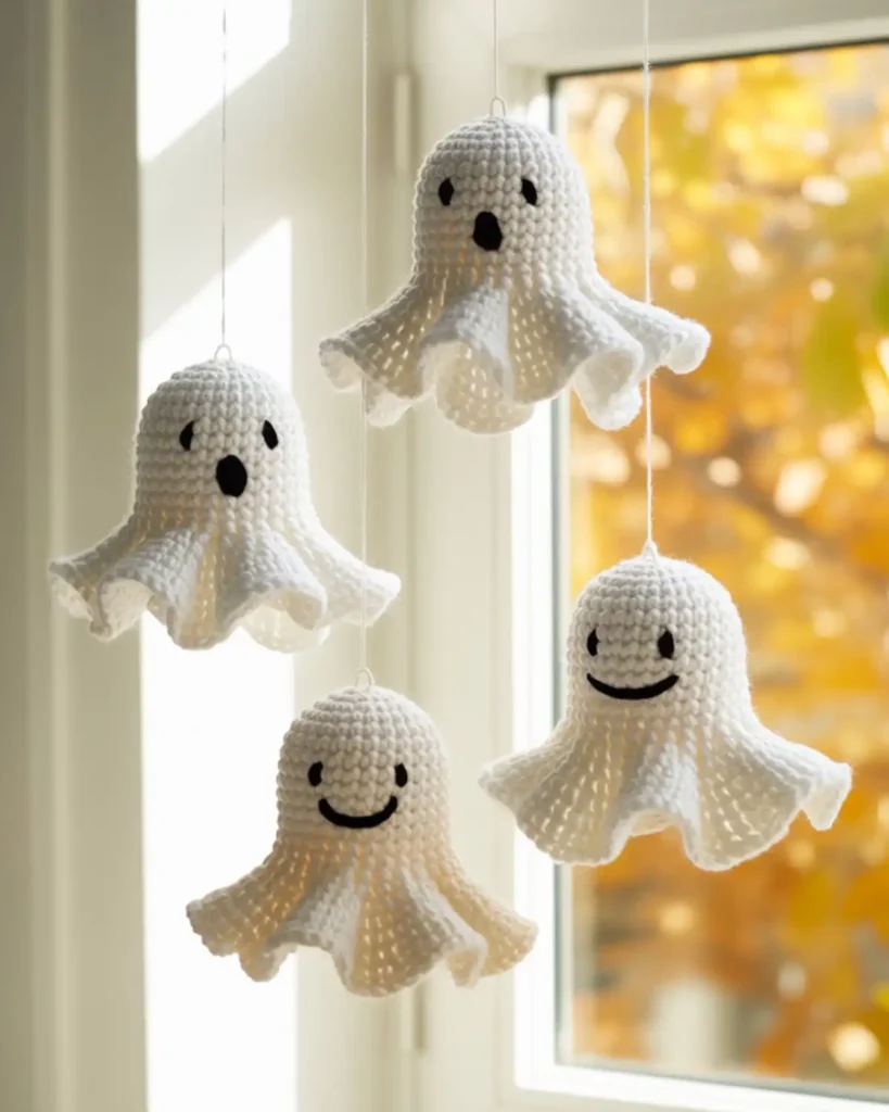 Three crochet ghost ornaments hanging at different heights near a window.