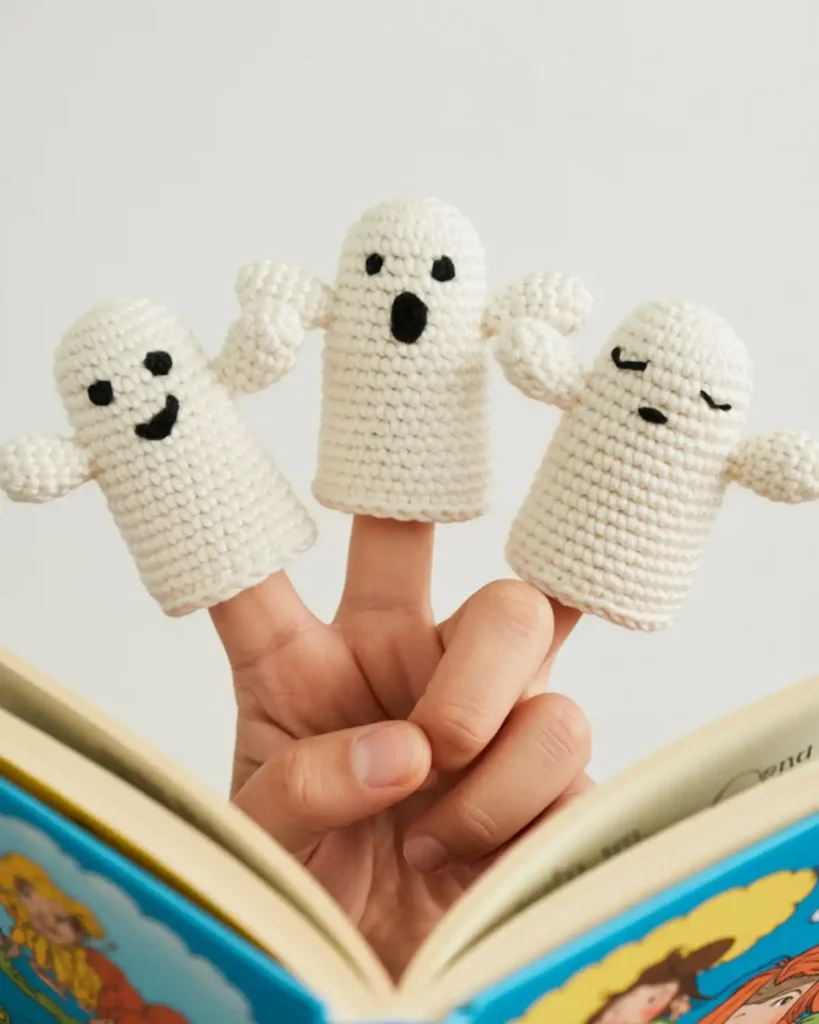 Three hollow crochet ghost finger puppets worn above an open storybook.