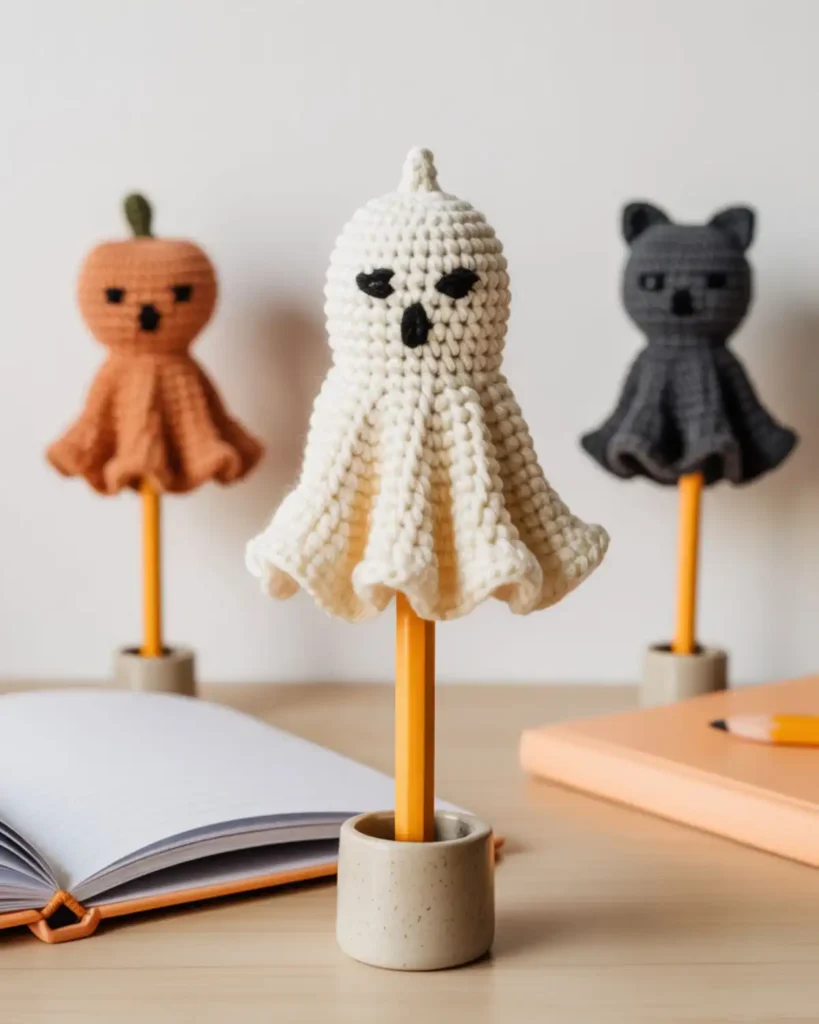 White crochet ghost pencil topper on a wooden pencil beside stationery.