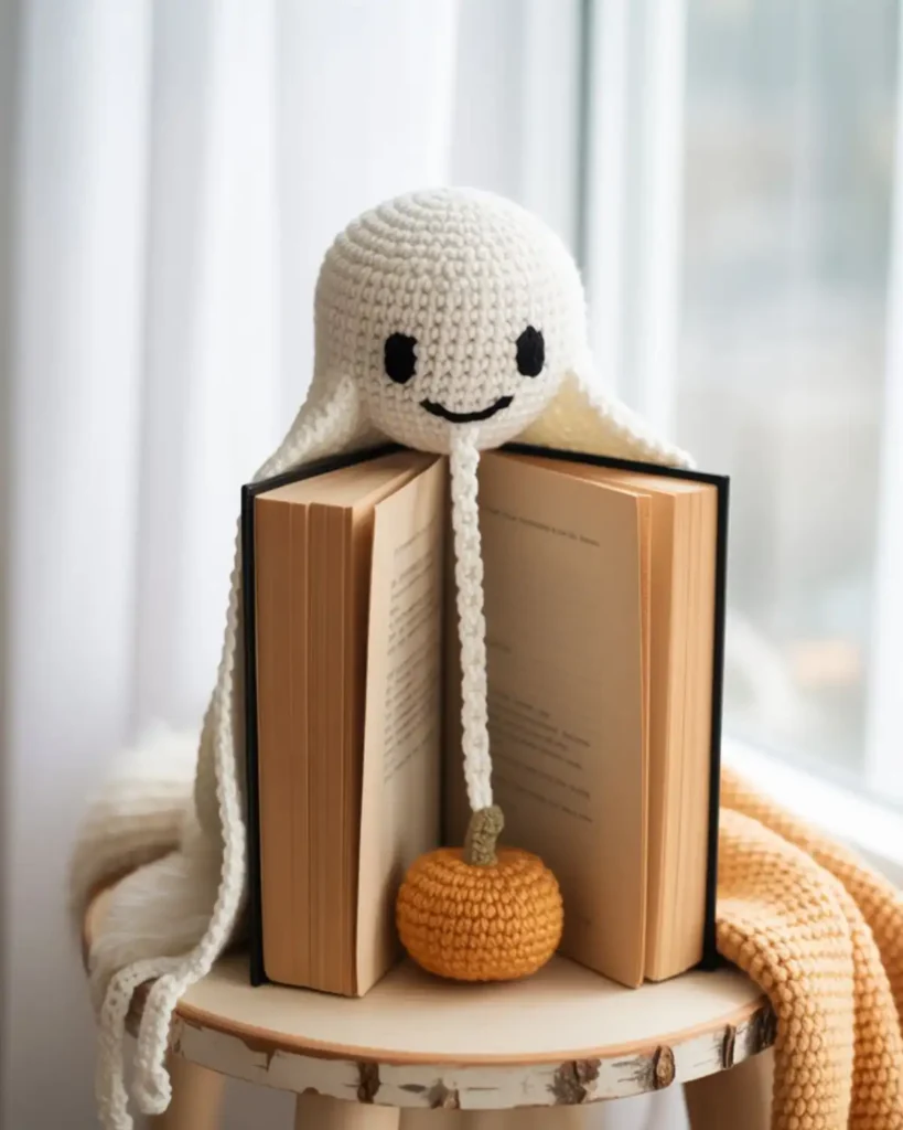 Flat crochet ghost bookmark with a long chain and pumpkin charm.