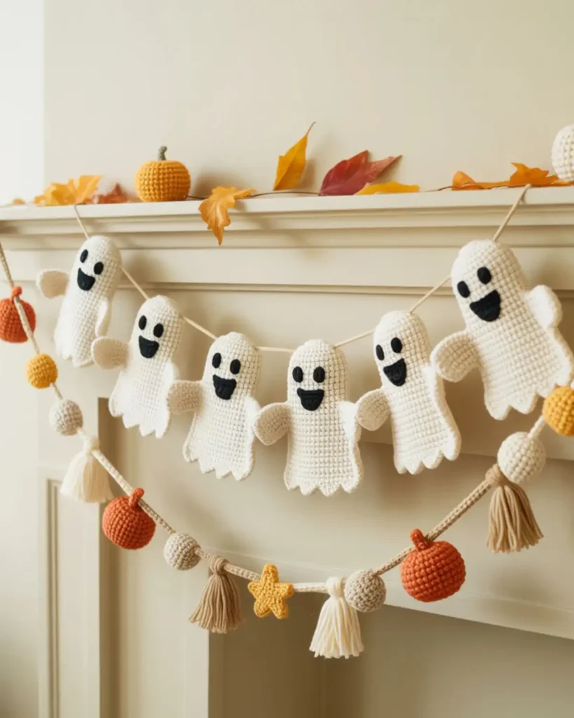 Crochet ghost garland with pumpkins and stars hanging across a mantel.