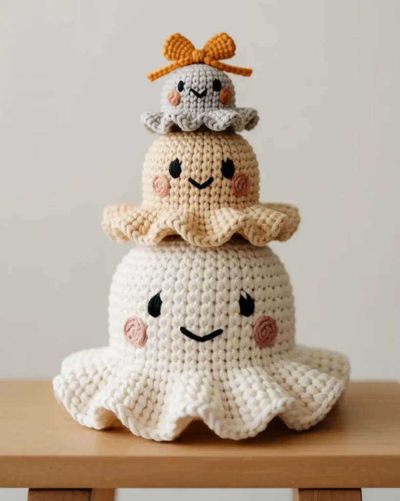 Three graduated crochet ghosts stacked into a vertical Halloween decoration.