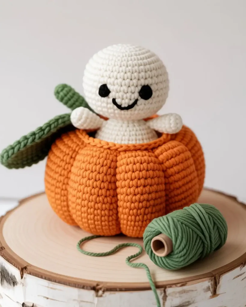 White crochet ghost wearing a round orange pumpkin costume.