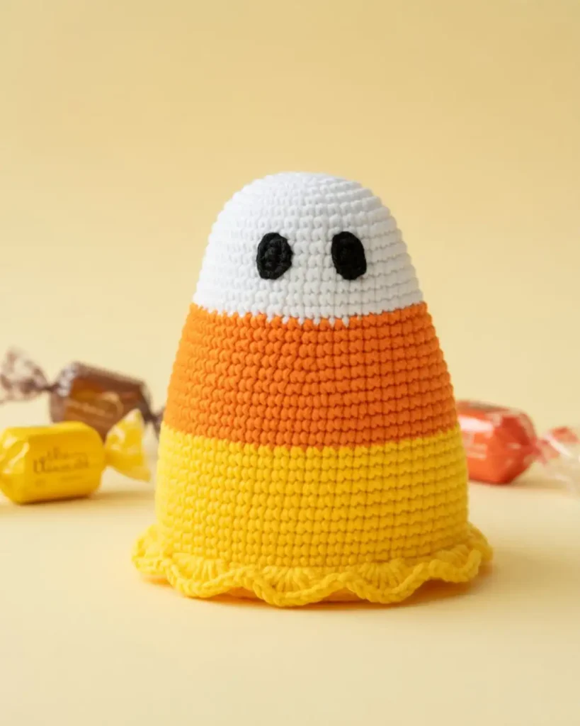 Candy corn crochet ghost with white, orange and yellow color sections.