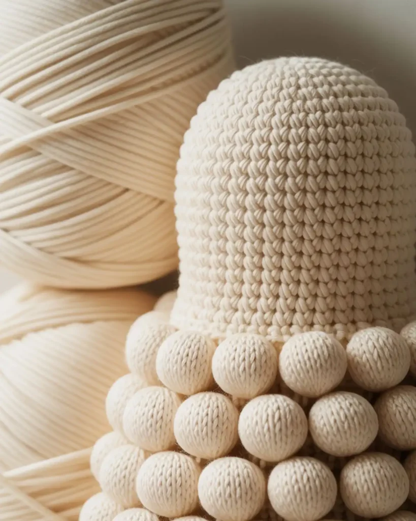 White crochet ghost with raised bobble stitches across its lower body.