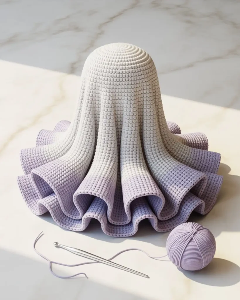 Elegant white crochet ghost with a wide layered ruffled base.