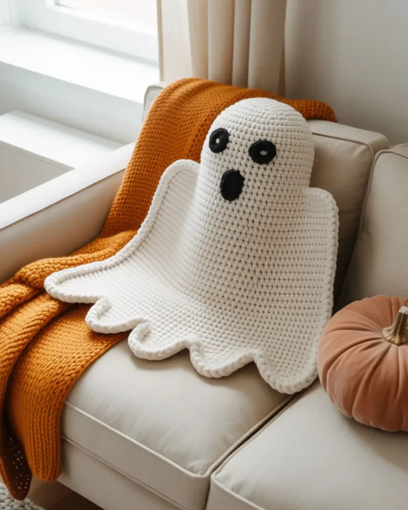 Large white crochet ghost pillow on a beige sofa with autumn décor.