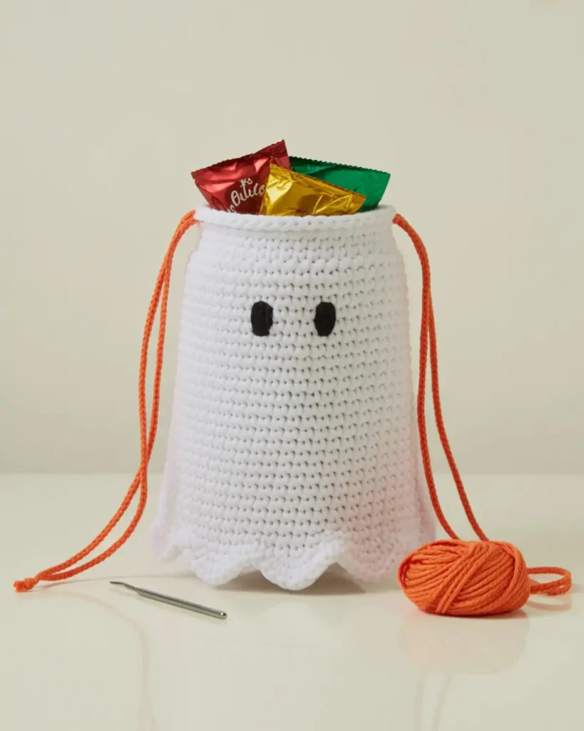 White crochet ghost drawstring treat bag with orange cords and wrapped candy.