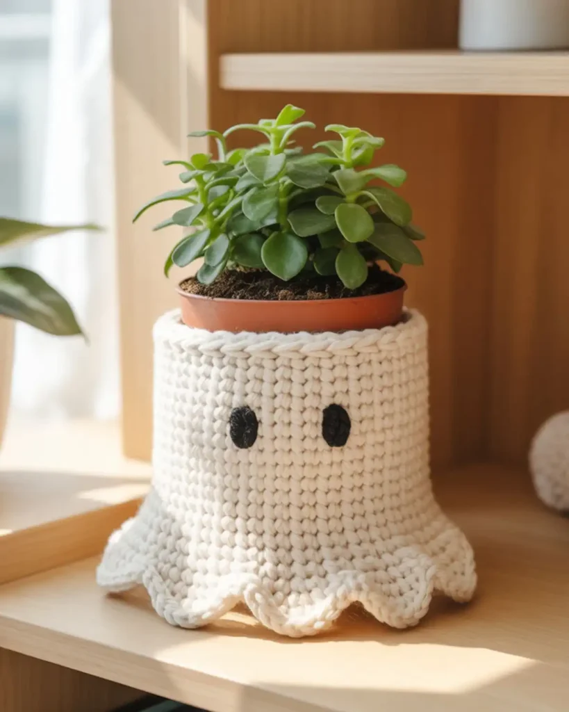 White crochet ghost cover wrapped around a terracotta plant pot.